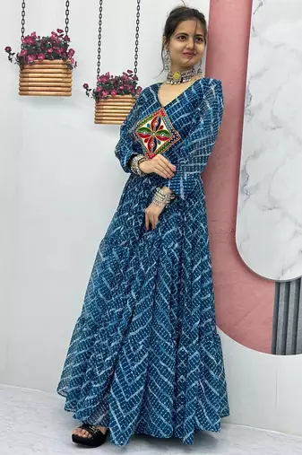 Navratri wear rama blue bandhni printed gamathi & mirror work long flared gown