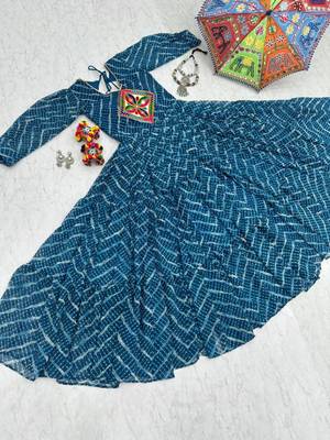 Navratri wear rama blue bandhni printed gamathi & mirror work long flared gown 5