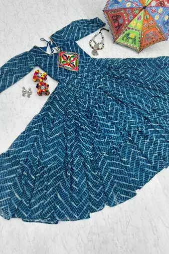 Navratri wear rama blue bandhni printed gamathi & mirror work long flared gown