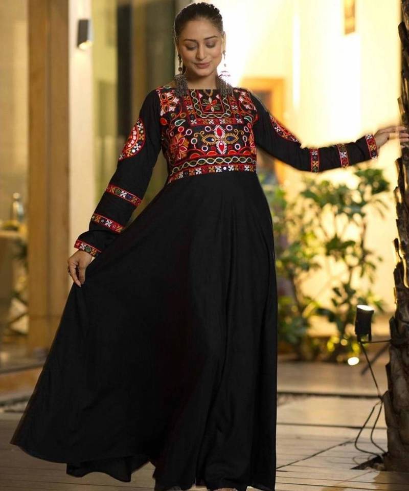 Navratri wear black color georgette  gamathi & mirror work long flared gown full stitched.