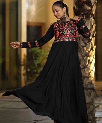 Navratri wear black georgette gamathi & mirror work long flared gown 2
