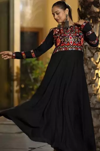 Navratri wear black georgette gamathi & mirror work long flared gown full stitched.