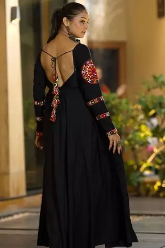 Navratri wear black georgette gamathi & mirror work long flared gown full stitched.