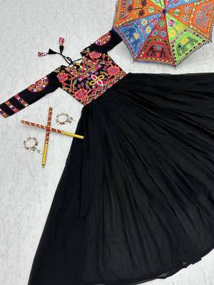 Navratri wear black georgette gamathi & mirror work long flared gown 4