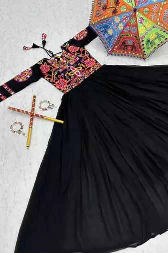 Navratri wear black georgette gamathi & mirror work long flared gown full stitched.