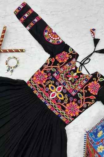 Navratri wear black georgette gamathi & mirror work long flared gown full stitched.