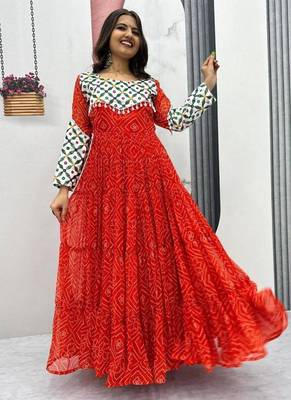 Navratri wear red faux georgette gamathi & kodi lace work long flared gown 1