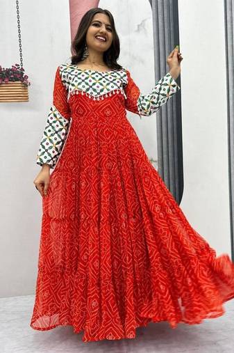 Navratri wear red faux georgette gamathi & kodi lace work long flared gown
