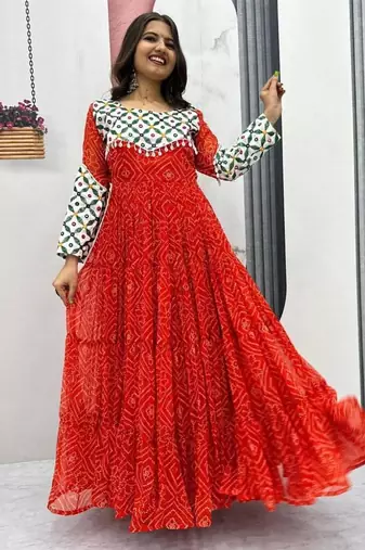 Navratri wear red faux georgette gamathi & kodi lace work long flared gown full stitched.