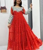 Navratri wear red color faux georgette  gamathi & kodi lace work long flared gown full stitched.