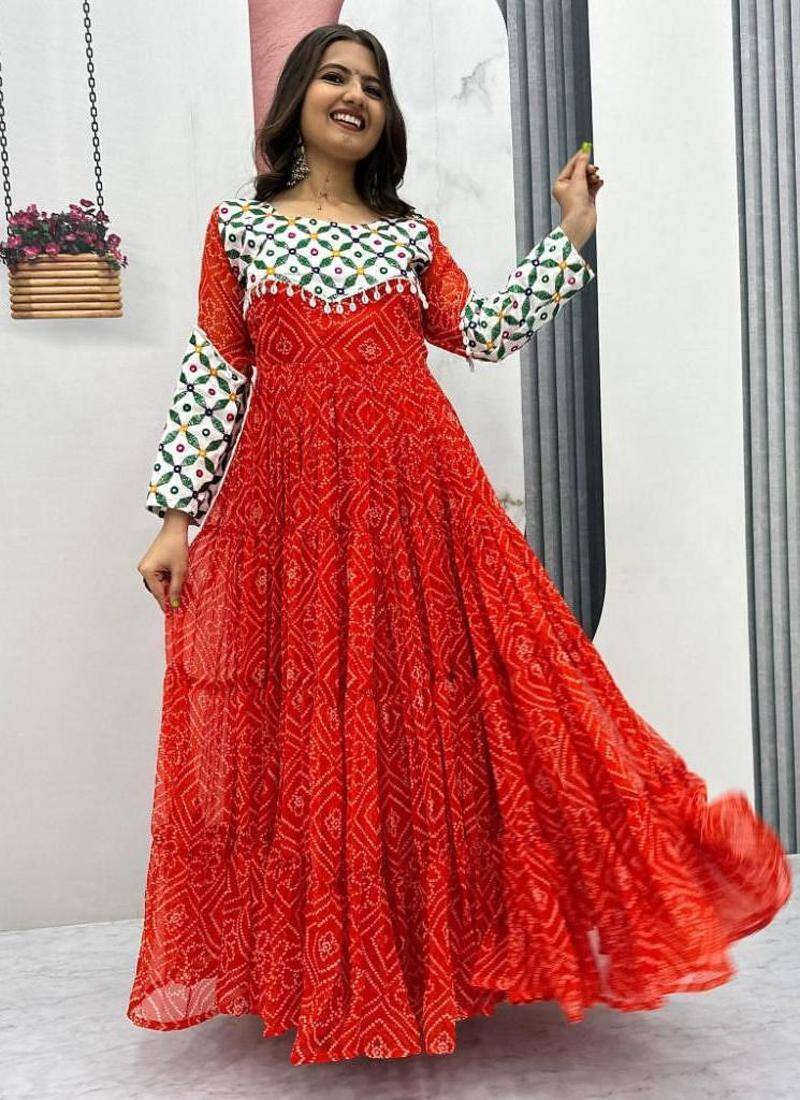 Navratri wear red color faux georgette  gamathi & kodi lace work long flared gown full stitched.