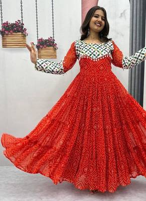Navratri wear red faux georgette gamathi & kodi lace work long flared gown 2