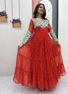 Navratri wear red faux georgette gamathi & kodi lace work long flared gown 3