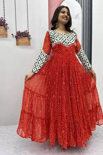 Navratri wear red faux georgette gamathi & kodi lace work long flared gown full stitched.