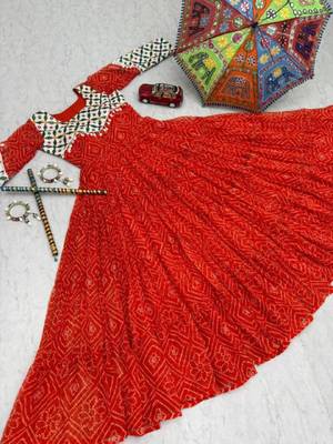 Navratri wear red faux georgette gamathi & kodi lace work long flared gown 4
