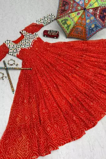 Navratri wear red faux georgette gamathi & kodi lace work long flared gown full stitched.
