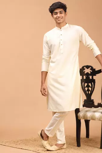 Boys cream silk blend kurta pyjama set