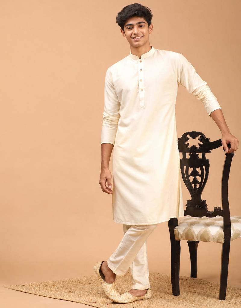 Boys cream silk blend kurta pyjama set