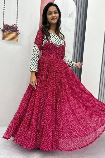 Navratri wear pink faux georgette gamathi & kodi lace work long flared gown