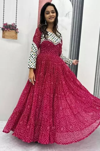 Navratri wear pink faux georgette gamathi & kodi lace work long flared gown