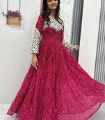 Navratri wear pink color faux georgette  gamathi & kodi lace work long flared gown full stitched.