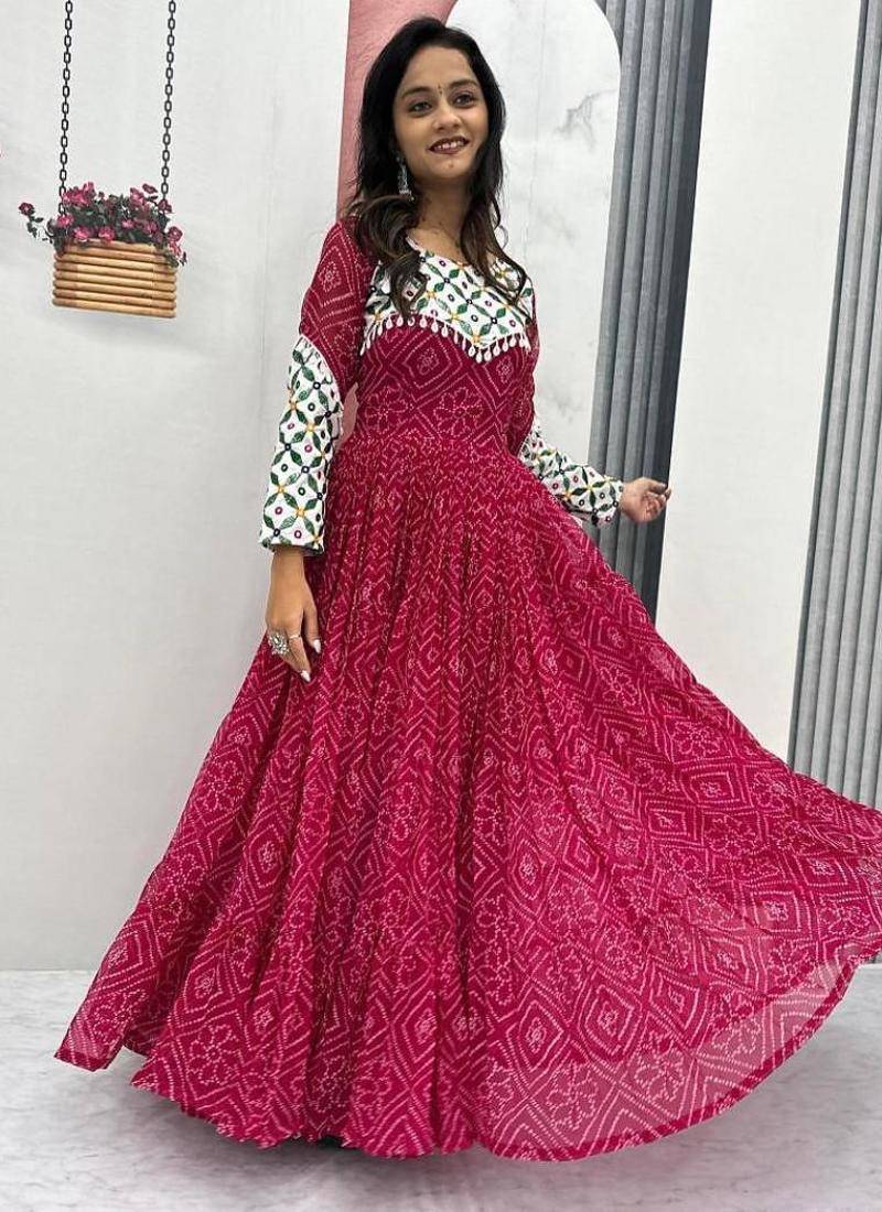 Navratri wear pink color faux georgette  gamathi & kodi lace work long flared gown full stitched.