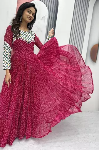 Navratri wear pink faux georgette gamathi & kodi lace work long flared gown