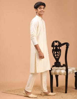 Boys cream silk blend kurta pyjama set 3