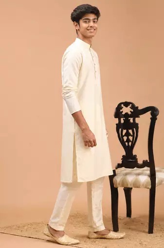 Boys cream silk blend kurta pyjama set