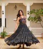 Navratri wear black color georgette bandhni print gamthi & mirror -codi lace work gown full stitched