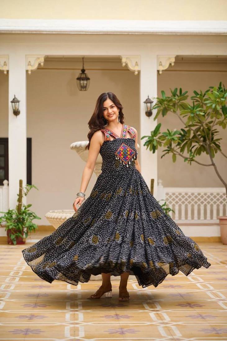 Navratri wear black color georgette bandhni print gamthi & mirror -codi lace work gown full stitched