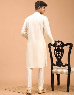 Boys cream silk blend kurta pyjama set 4