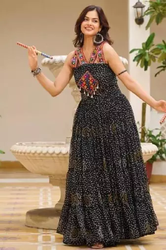 Navratri wear black georgette bandhni print gamthi & mirror -codi lace work gown full stitched