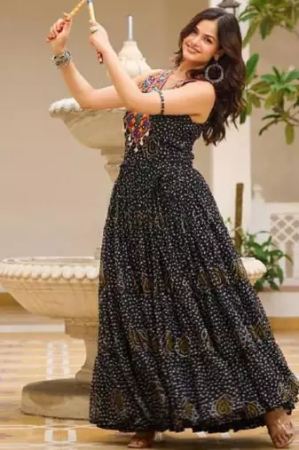 Navratri wear black georgette bandhni print gamthi & mirror -codi lace work gown full stitched