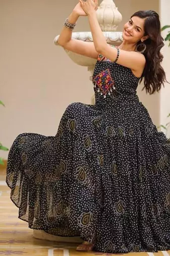 Navratri wear black georgette bandhni print gamthi & mirror -codi lace work gown full stitched
