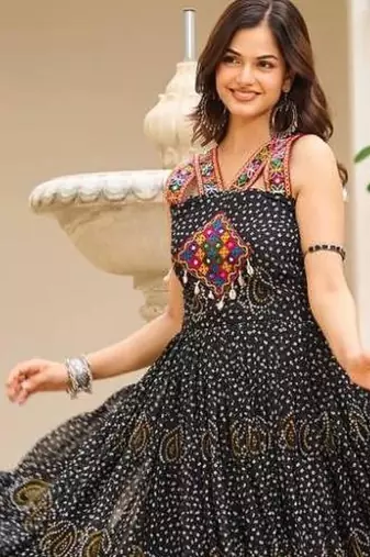 Navratri wear black georgette bandhni print gamthi & mirror -codi lace work gown full stitched