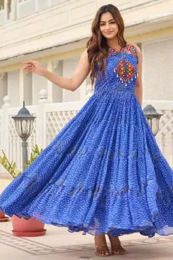 Navratri wear blue georgette bandhni print gamthi & mirror -codi lace work gown full stitched