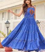 Navratri wear blue color georgette bandhni print gamthi & mirror -codi lace work gown full stitched