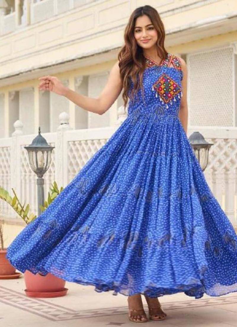 Navratri wear blue color georgette bandhni print gamthi & mirror -codi lace work gown full stitched