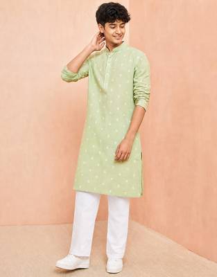 Boys green cotton jacquard kurta pyjama set 1