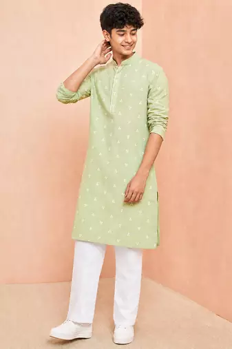 green cotton jacquard kurta pyjama set for boys