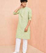 Boys green cotton jacquard kurta pyjama set