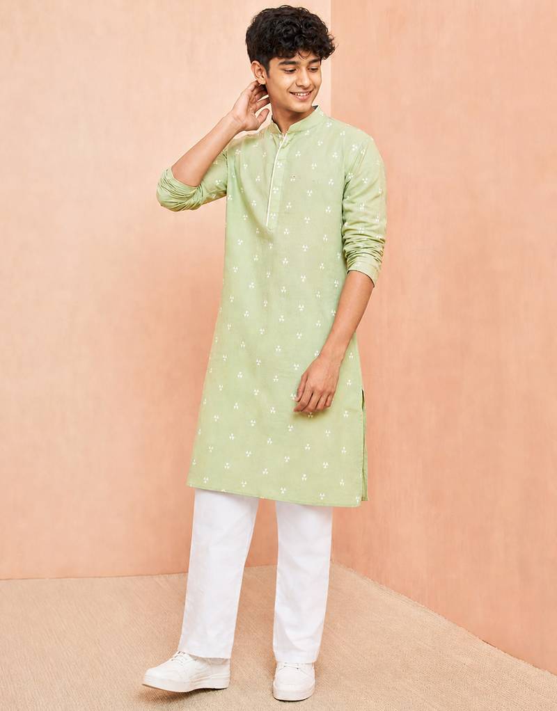 Boys green cotton jacquard kurta pyjama set