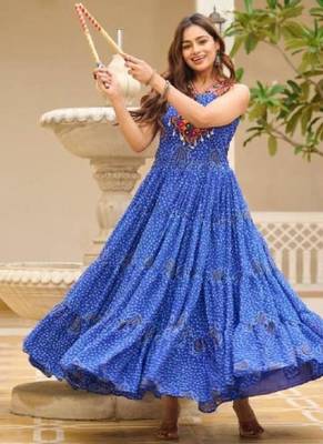 Navratri wear blue georgette bandhni print gamthi & mirror -codi lace work gown 2