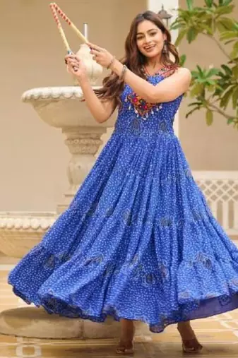 Navratri wear blue georgette bandhni print gamthi & mirror -codi lace work gown full stitched