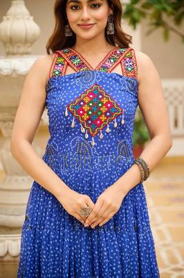 Navratri wear blue georgette bandhni print gamthi & mirror -codi lace work gown 3