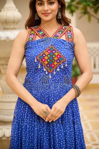Navratri wear blue georgette bandhni print gamthi & mirror -codi lace work gown full stitched