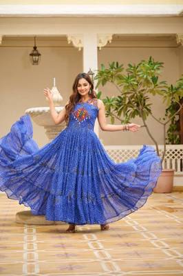 Navratri wear blue georgette bandhni print gamthi & mirror -codi lace work gown 4