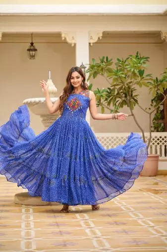 Navratri wear blue georgette bandhni print gamthi & mirror -codi lace work gown full stitched
