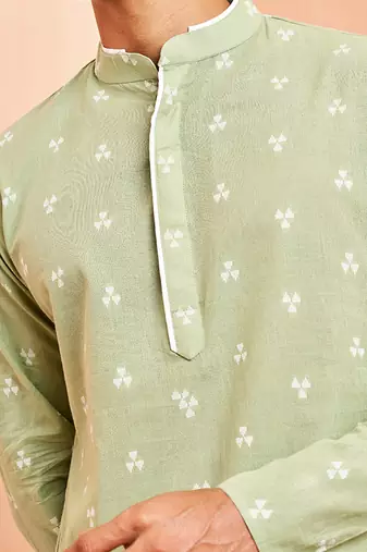 green cotton jacquard kurta pyjama set for boys